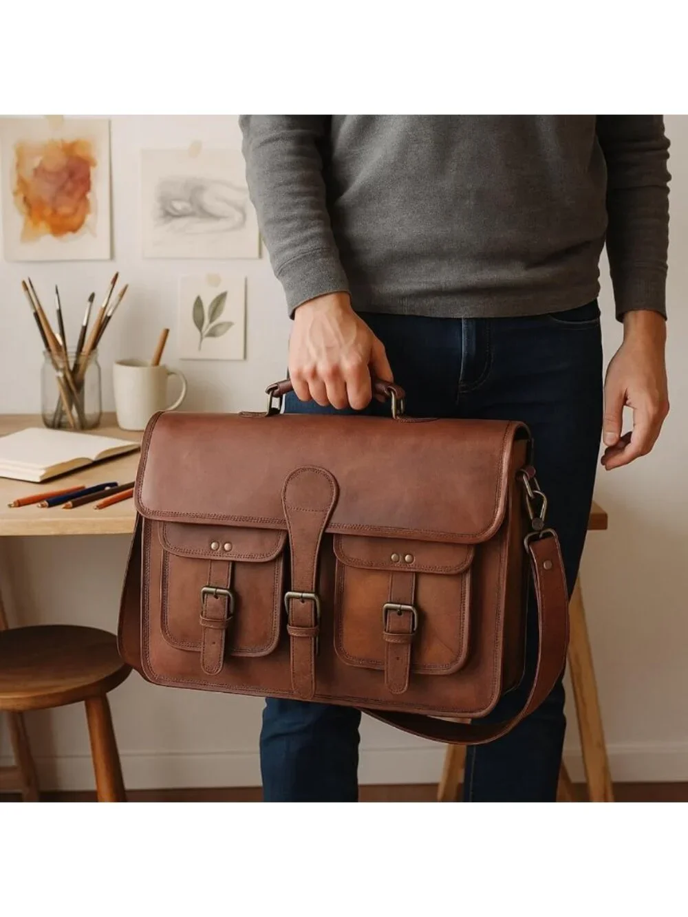 Vintage Leather Messenger Bag - 18